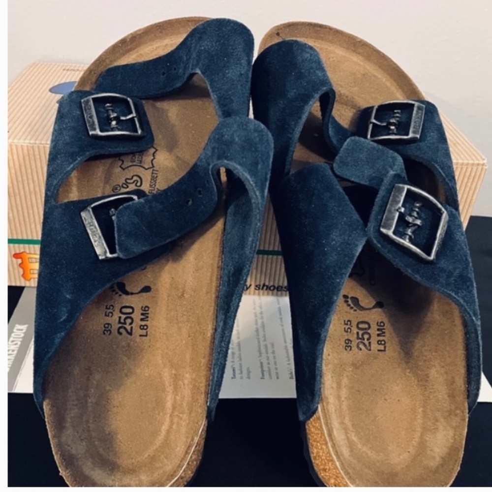 Birki’s Lyon Navy Suede Women's Sandal, Size 8